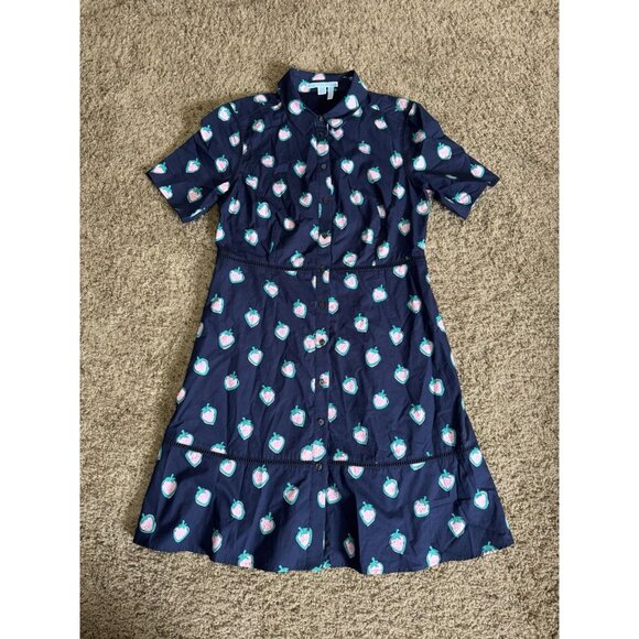 DRAPER JAMES Navy Strawberry Polo Button Down Dress Tiered Career Pockets 12 - Picture 1 of 12